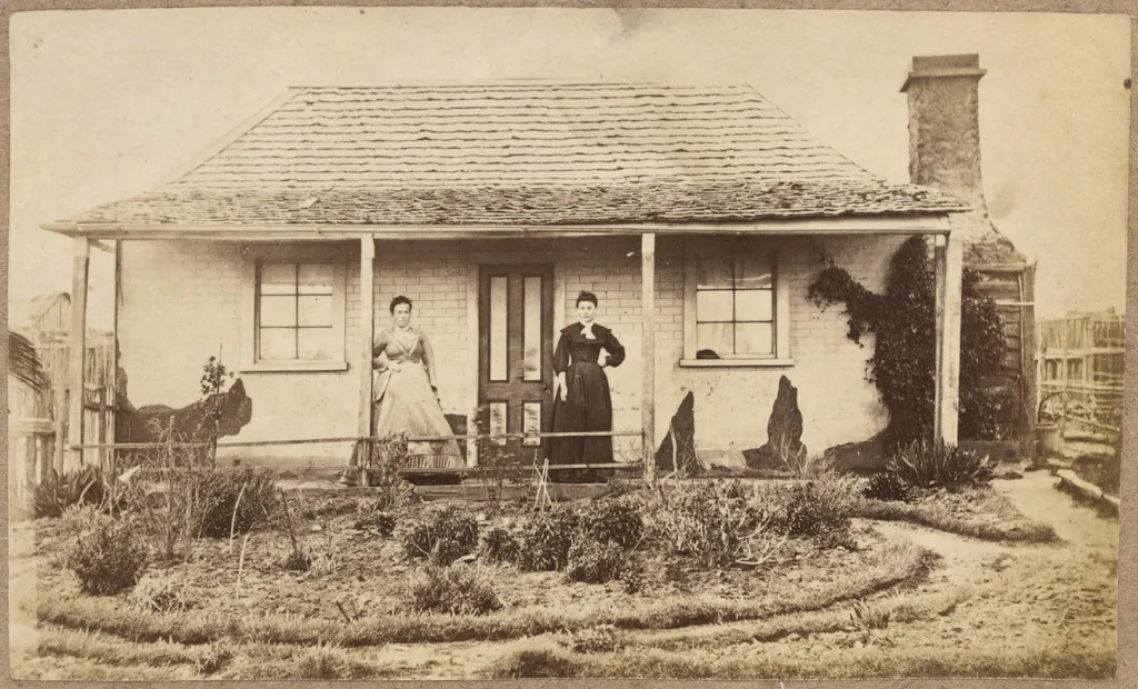 Front garden and veranda of a weatherboard cottage on a tree-lined Australian street in morning sun